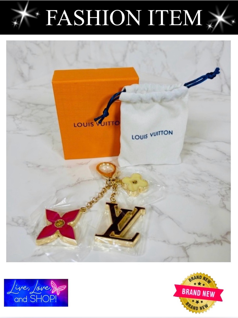 BAG CHARM/KEYCHAIN: Golden w/Brown Monogram, Pink/Cream Charms, Box & Dust Bag